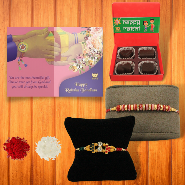 BOGATCHI 4 Chocolate Box 2 Rakhi Roli Chawal and Greeting Card B | Unique Rakhi Gifts for Sister | Rakhi with Chocolate Online 